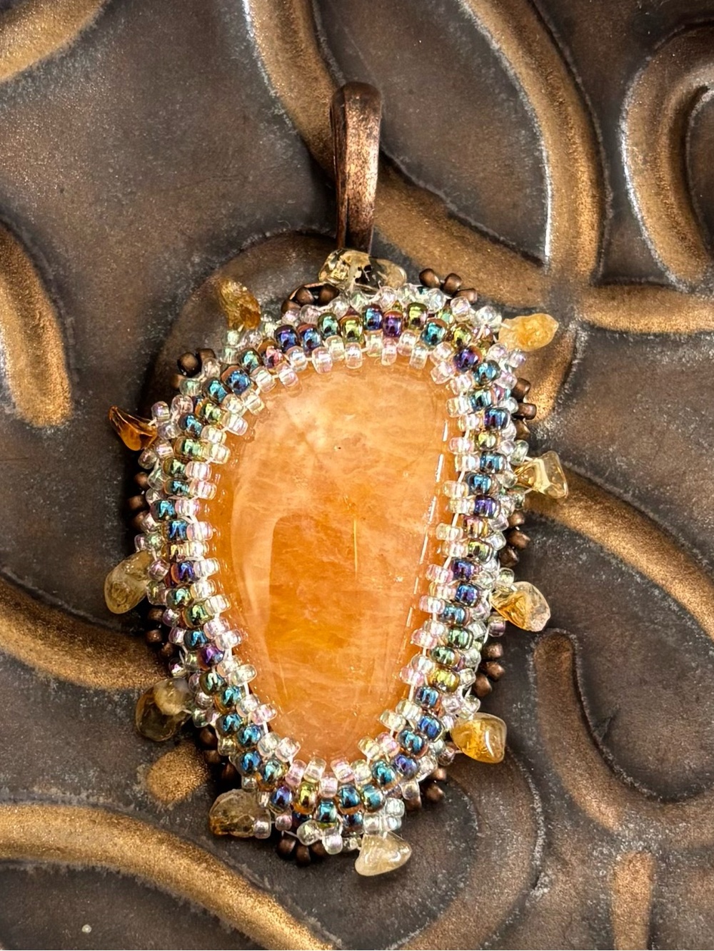 Handmade Orange Aventurine & Citrine Bead Embroidered Pendant
